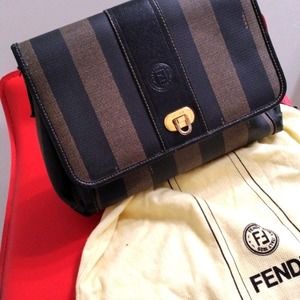 Fendi Pequin BAG Clutch Purse Striped Leather Gold Modern Pockets Brown Black